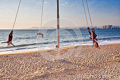 Dance of the Flyers â€“ a famous Papantla Flyers Show in Puerto Vallarta Malecon Editorial Stock Photo